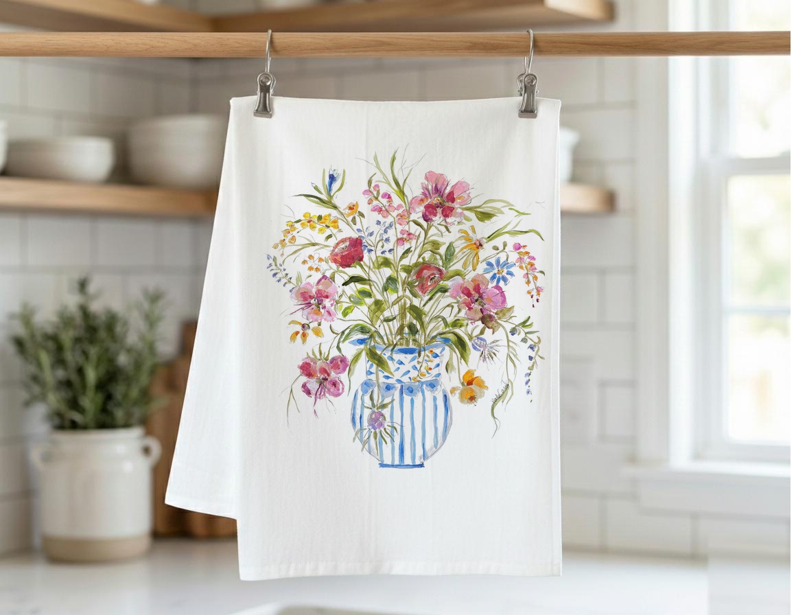 Hand-printed kitchen towel — Sunday Morning floral